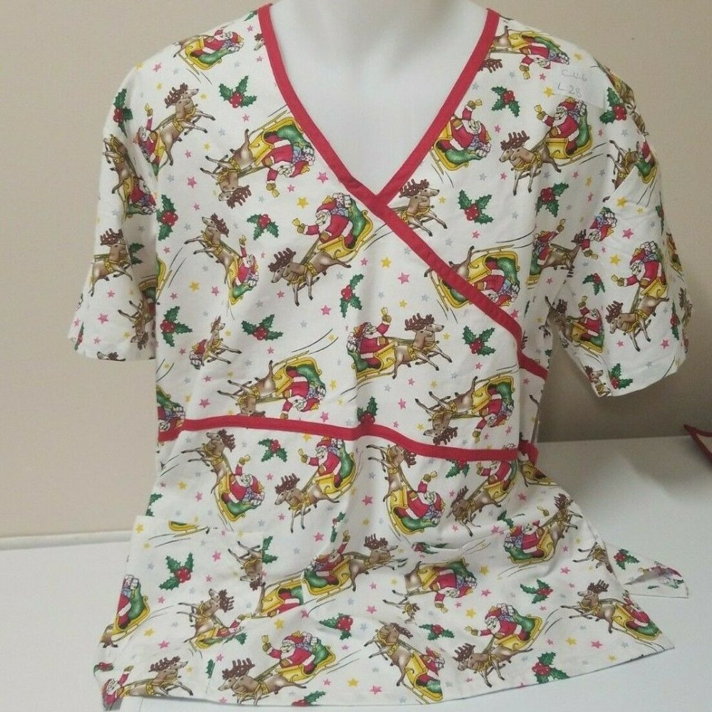 Christmas Nursing Scrubs Santa & Sleigh V Neck